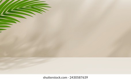 Beige Background Studio Podium with palm leaves shadow on cement floor,Backdrop 3D Display Room with Stand Stage for Cosmetic product presentation,Sale,Online shop in Spring,Summer