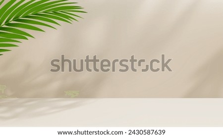 Beige Background Studio Podium with palm leaves shadow on cement floor,Backdrop 3D Display Room with Stand Stage for Cosmetic product presentation,Sale,Online shop in Spring,Summer