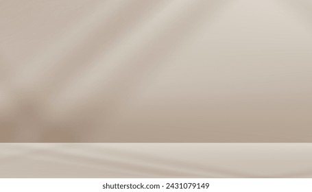 Beige Background Studio with shadow,l ight on 3d Podium Display for Product present,Light Brown Backdrop Kitchen Concrete Room with Sunlight reflection on Cream Table top