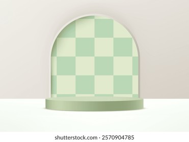 Beige background vector 3d with green podium. 3D abstract studio room with pedestal podium. Space for selling products, backdrop, wallpaper, background, text. Vector illustration.