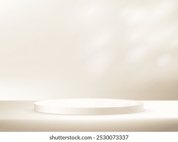 Vetor de fundo bege 3d com pódio. Estúdio bege de fundo com folhas de sombra. Espaço para a venda de produtos no site. Quarto vazio com folhas de sombra. Ilustração vetorial.
