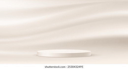 Beige background vector 3d with podium. Beige satin smooth fabric background. Space for selling products on the website. Vector illustration.