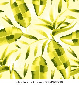 beiger Hintergrund, Vektordesign mit schöner grüner Banane hinterlässt tropische nahtlose Muster Pflanzen und Blätter. geeignet für Hemdgewebe oder Druckstruktur. Naturhintergrund. Exotisches Sommerdesign