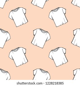 beige background. vector white t-shirt seamless pattern. laundry design. clearance dry cleaning. packaging. drawing net white t-shirt.