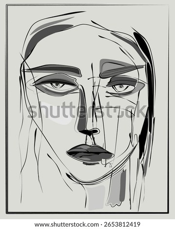 beige background, white, black and grey lines form a woman's face