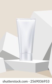 Beige background,Studio background  3d product display mockup with cosmetic tube on white podium stage showcase,Empty minimalistic background square pedestal. Platforms stand for product presentation