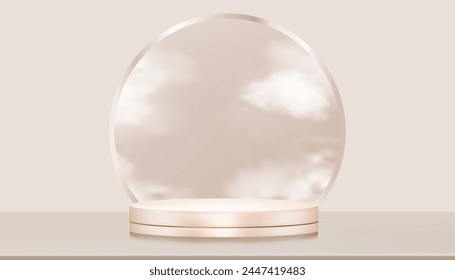 Beige background,Studio room background with 3d podium base display stand,white fluffy cloud on cream tone,Vector Backdrop minimal platform stage circle mockup for beauty,cosmetic product present