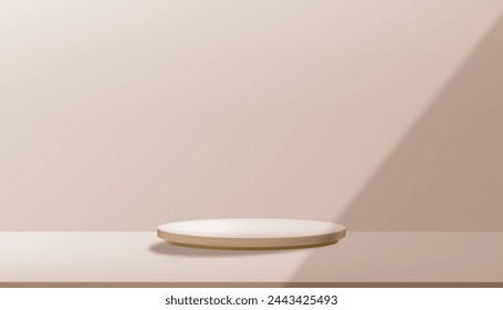 Beige Background,Studio room with podium display on table top,Empty Secene peach pastel wit cloud on wall backdrop.Vector illustration 3D minimal for product presentation 