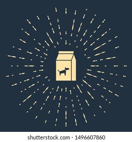 Beige Bag of food for dog icon isolated on dark blue background. Food for animals. Pet food package. Abstract circle random dots. Vector Illustration