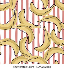 Beige banana seamless pattern in doodle style. Pink and white striped background. Random food print. Perfect for fabric design, textile print, wrapping, cover. Vector illustration.