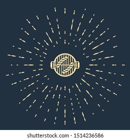 Beige Barbecue grill with sausage icon isolated on dark blue background. BBQ grill party. Abstract circle random dots. Vector Illustration