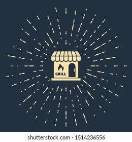 Beige Barbecue shopping building or market store icon isolated on dark blue background. BBQ grill party. Shop construction. Abstract circle random dots. Vector Illustration