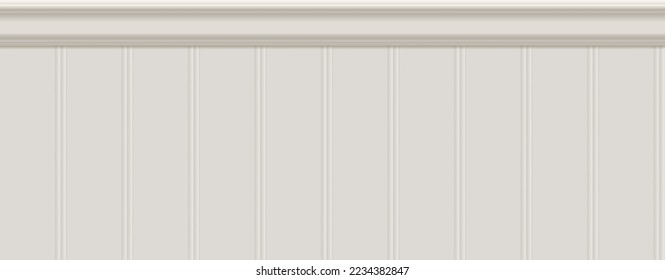 Beige beadboard or wainscot with top chair guard trim seamless pattern on white wall. Light wood or gypsum embossed baseboard or skirting under vintage wall panels. Vector illustration