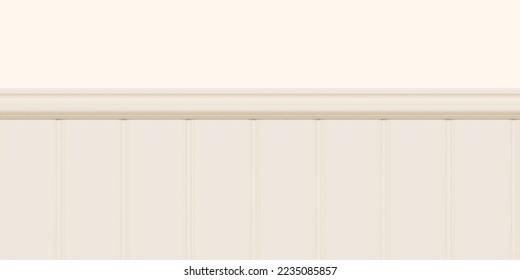 Beige beadboard or wainscot with top chair guard trim seamless pattern on light wall. Wood or gypsum embossed baseboard or skirting under vintage wall panels. Vector illustration