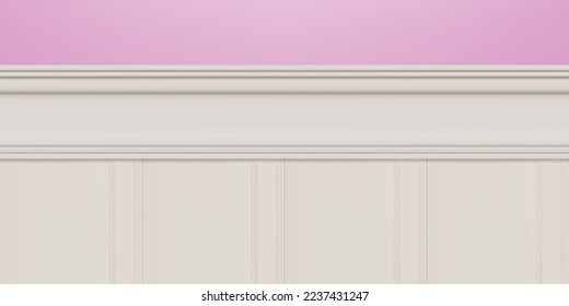 Beadboard o wainscot beige con guarnecido protector de la silla superior sin costura en pared rosa. Bastión o falda de madera clara o yeso en relieve bajo paneles de pared de época. Ilustración del vector