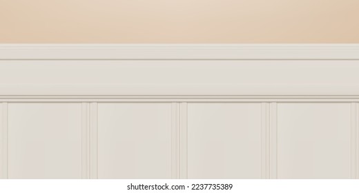 Beige beadboard or wainscot with top chair guard trim seamless pattern on orange wall. Light wood or gypsum embossed baseboard or skirting under vintage wall panels. Vector illustration