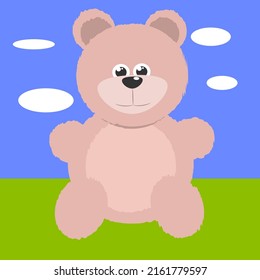 A beige bear cub sitting in a green clearing during daylight hours. Vector illustration.