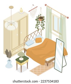 Beige bedroom - modern vector colorful isometric illustration. Bed with orange plaid, tall wardrobe, bedside table with lamp, mirror, macrame and indoor plant. Home design and house decor idea