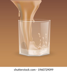 Beige beverage pouring into transparent glass for whiskey, scotch, bourbon vector cartoon illustration. Splash of cocktail, milk, or juice in bar or restaurant glassware. Summer refreshment beverage.