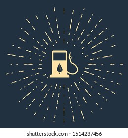 Beige Bio fuel concept with fueling nozzle and leaf icon isolated on dark blue background. Gas station with leaves. Eco refueling. Abstract circle random dots. Vector Illustration