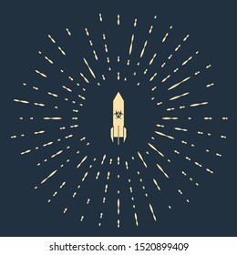 Beige Biohazard rocket icon isolated on dark blue background. Rocket bomb flies down. Abstract circle random dots. Vector Illustration