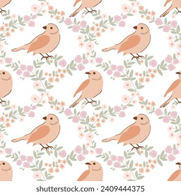 Beige birds seamless pattern with woodland sparrow and flowers. Spring floral damask motif are great for Easter wallpaper, wrap paper, repeat background, textile design. Vector cottagecore print.