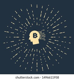 Beige Bitcoin think icon on dark blue background. Cryptocurrency head. Blockchain technology, bitcoin, digital money market, cryptocoin wallet. Abstract circle random dots. Vector Illustration