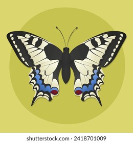 Beige and black butterfly with colorful wings. Vector illustration. Insects, fauna, biology