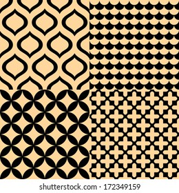 Beige and black geometric seamless patterns set, vector