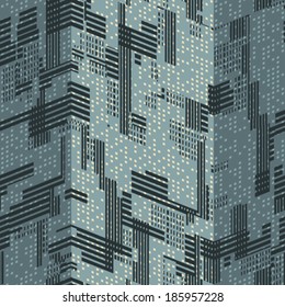 Beige, Black and Moss Glitch Effect Textured Cityscape Pattern