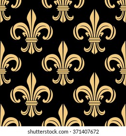 Beige and black seamless pattern with light fleur-de-lis floral elements on dark background. For wallpaper, interior or textile design usage