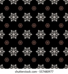 Beige and black simple seamless Christmas pattern - varied Xmas snowflakes with dots. Happy New Year 2018 winter background. Vector design for textile, wallpaper, fabric, wrapping paper.