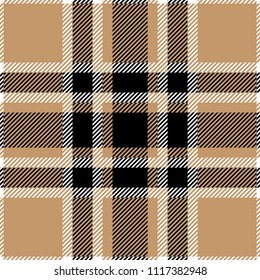 Beige, black and white tartan plaid Scottish pattern