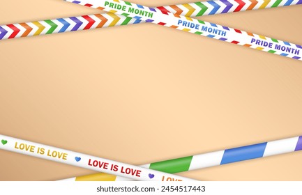 Beige blank wallpaper with bright colorful realistic ribbons with LGBTQ+ rainbow flag and text - Pride Month, Love is love. Background with barricade tapes, crossed stripes as frame and copy space