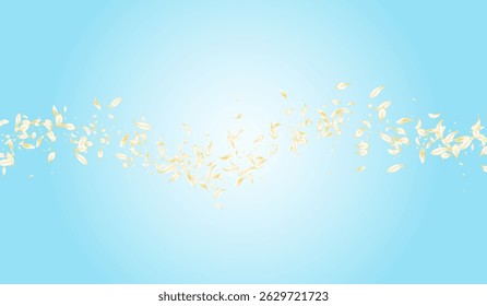 Beige Blossom Beauty Vector Blue Background. Delicate Blur Cherry Frame. Yellow Lotus Summer Backdrop. Light Sakura Fall Template. Japanese Petal Pattern.