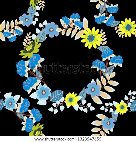 Beige, blue and black colors vector seamless pattern with many flowers.