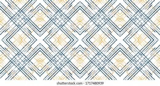 Beige and Blue Cage Fabric Vector Seamless Pattern. Fashion Cell Design. Tartan Hand Background. Blue Line Fall Pattern.