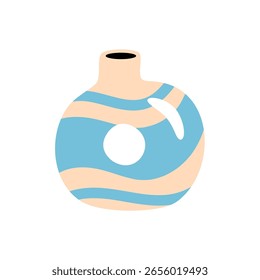 Beige and blue ceramic vase with wavy pattern and white circular design on white background