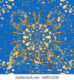 Beige and blue colors with gold elements. Oriental style arabesques. Vector golden pattern. Seamless golden textured curls. Vector illustration.