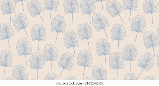 Beige and blue Japanese style pattern with linear burdock. Floral illustration with leaves