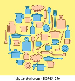 beige and blue kitchenware in round group - vector illustration on yellow background
