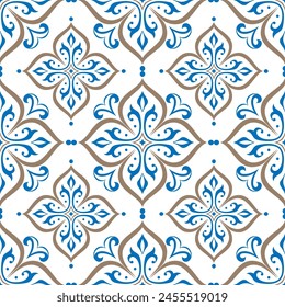 Beige and blue luxury vector seamless pattern. Ornament, Traditional, Ethnic, Arabic, Turkish, Indian motifs. Great for fabric and textile, wallpaper, packaging design or any desired idea.