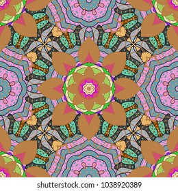 Beige, blue and pink colors. Mandala flower coloring book for adults Vector illustration. Zentangle style. Anti-stress coloring for adult. Lace seamless pattern.