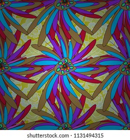 Beige, blue and violet vector illustration. Floral illusion seamless pattern.