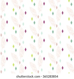 Beige boho feathers with colorful rhombs seamless vector pattern. Hand drawn feathers and confetti background.