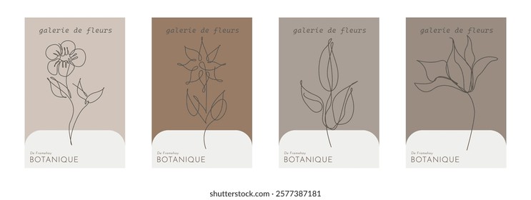 Beige Botanical Abstract Floral Outline Wall Art Background. Monoline Floral Botanical Wall Art