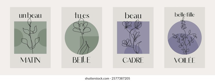 Beige Botanical Abstract Floral Outline Wall Art Background. Monoline Floral Botanical Wall Art