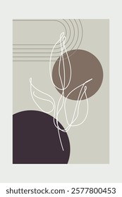 Beige Botanical Abstract Floral Outline Wall Art Background. Monoline Floral Botanical Wall Art