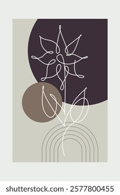 Beige Botanical Abstract Floral Outline Wall Art Background. Monoline Floral Botanical Wall Art