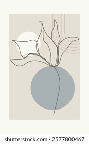 Beige Botanical Abstract Floral Outline Wall Art Background. Monoline Floral Botanical Wall Art